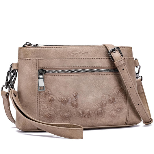MEITRUE Wristlet Wallets Clutch Purses for Women - Rose Embossed Vegan Leather Small Crossbody Bag Mini Cell Phone Wallet Purse with Adjustable Strap & Card Pockets