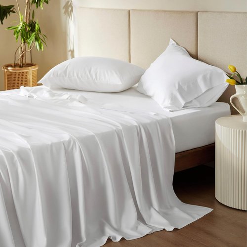 Bedsure Cooling Sheets - Twin Size, Breathable Rayon from Bamboo, Soft & Silky White Bedding for Hot Sleepers