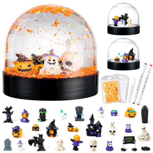 HoniedPepperino Halloween Snow Globe Craft Kit - 8 Set DIY Plastic Snow Globe Craft with Mini Resin Ghost Haunted House, Make Your Own Party Decor with Glitter for Classroom Activity Gifts (Halloween)