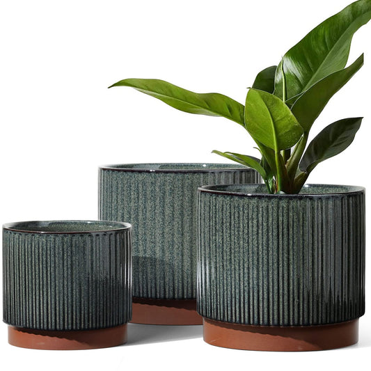 LE TAUCI Ceramic Plant Pots with Drainage Holes, Set of 3, 8+6.7+5.5 Inch Stripe Garden Planter Pots for Outdoor Indoor Plants Flower, Round Succulent Orchid Flower Pot, Reactive Glaze Black