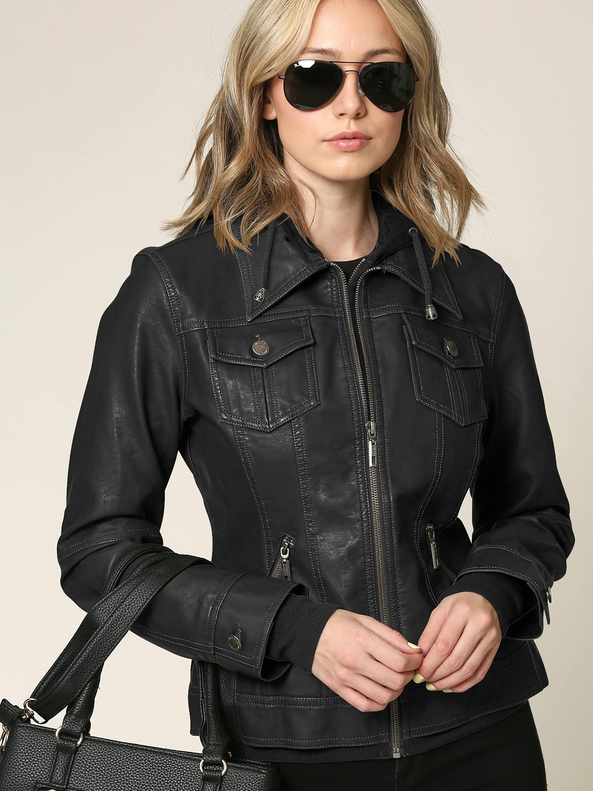Made By Johnny MBJ WJC664 Womens Faux Leather Jacket with Hoodie XS Black