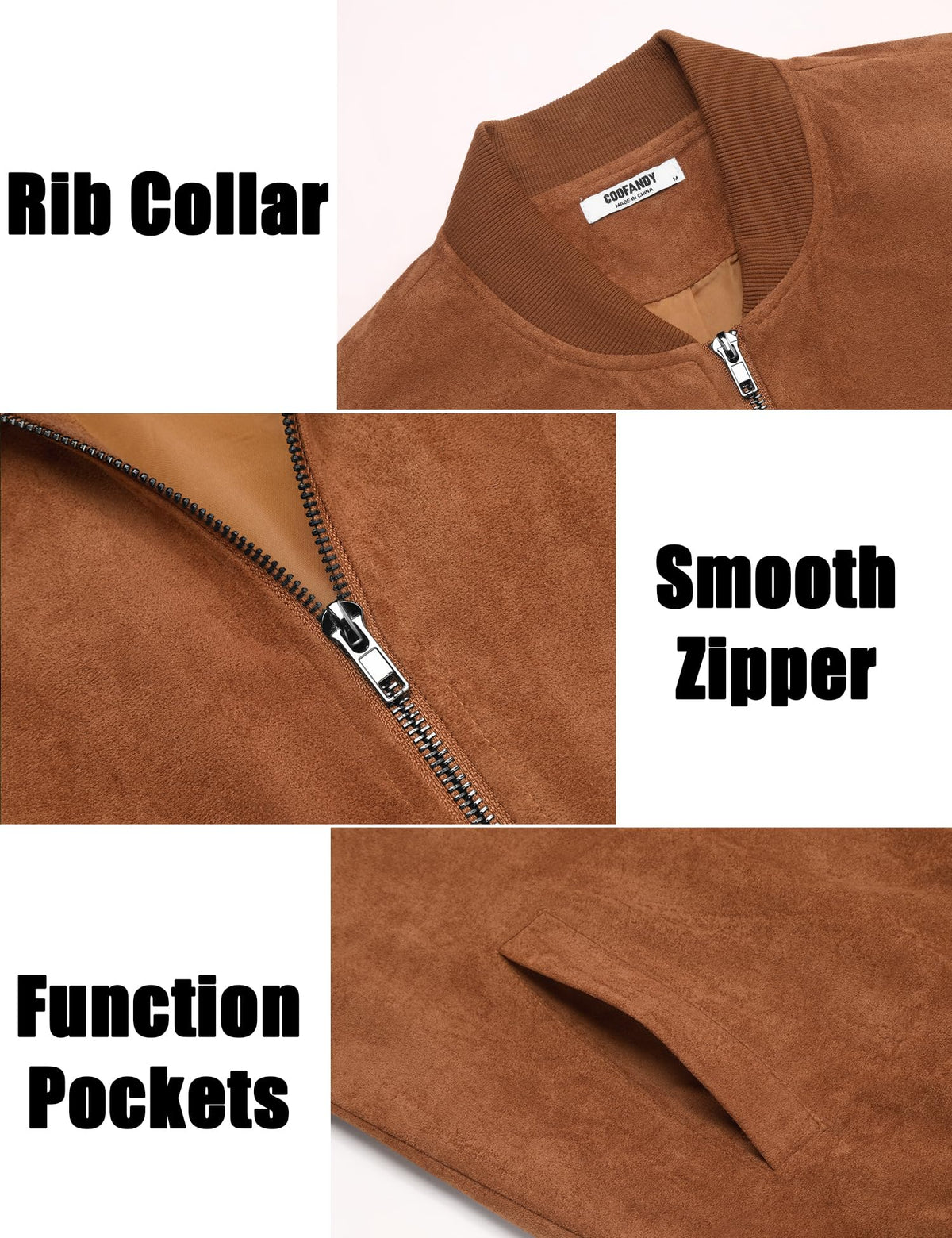 COOFANDY Suede Bomber Jacket Mens Lightweight Jackets Casual Varisty Jacket Zip Up Coat Brown, Large