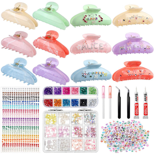 XunYee 12 Set DIY Hair Claw Clips Kit Acrylic Claw Clip with Rhinestones Letters Beads and Bow Star Bear Peal Stickers Accessories Non-Slip Banana Barrettes for Women Party Crafting Night DIY