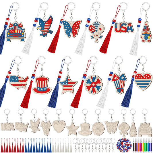 Cinrobiye 24 Set Patriotic Crafts Kits DIY Art and Craft Kit Bulk 4th of July Wooden Paint Keychains Gifts for Home School Art Project Activitiy 250th Anniversary Memorial Day Independence Day Decors
