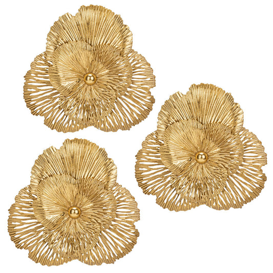 DILATATA 3 Pcs Metal Flower Wall Art Set 10 Inch Rustic Modern Floral Sculpture 3D Metal Flower Wall Hanging Accent for Indoor Living Room Bedroom Kitchen Bathroom Garden Patio Decor - Gold