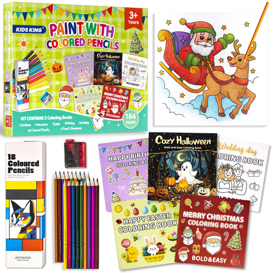 KIDS KING Coloring Book Kit, 5 Themes: Halloween | Christmas | Easter | Wedding Day | Birthday, Contains Colored Pencils Cute Styles for Painting, Arts & Crafts for Adult and Younger