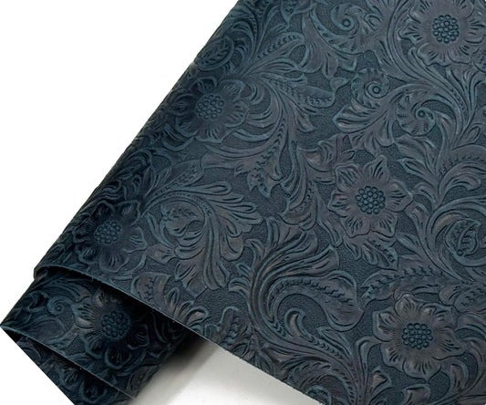 Western Style Bump Texture Geometric Pattern 2.0mm(5-5.5oz) Genuine Leather Sheet,Floral Tooling Craft Leather for DIY Projects（Navy Blue | Pattern 12"x12"）