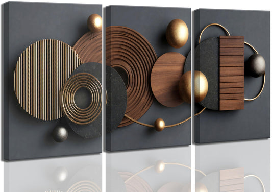 3D Textured 3Pcs Abstract Black Gold Geometric Boho Canvas Wall Art Mid Century Modern Minimalist Aesthetic Luxury Metal Artwork Pictures Wall Decor Posters Prints for Living room Office Home Decoration