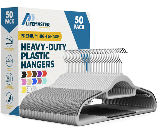 Lifemaster Plastic Clothes Hanger Set - 50 Pieces Versatile, Lightweight, Space-Saving, Non-Slip, Slim Designed, Dry and Wet Clothes Hanger Set with 360° Swivel Hook and Rubber Coating - Gray