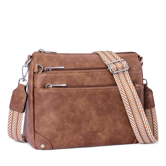 Lexiyat Crossbody Bags for Women Rfid Travel Crossbody Purses Leather Roomy Handbags Medium Shoulder bag with Adjustable Strap Brown