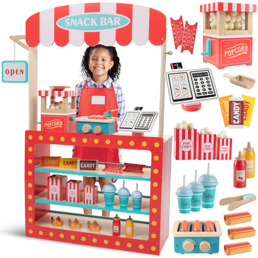 Movie Theatre Snack Bar Wooden Playset- Pretend Concession Stand Fun- Full Set w Popcorn Machine, Hot Dogs, Candy Bars, Sodas Cash Register, Credit Card- Kids Food Activity Center- Home or Daycare Toy