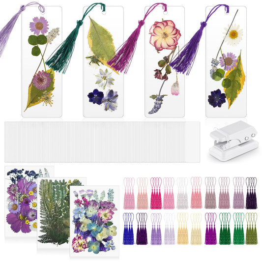 Fuyoooo 376 Pcs Dried Flower Bookmark Making Kit, DIY Bookmark Laminating Pouches with Tassels and Puncher, Handmade Craft Kit for Women, DIY Gifts for Book Lovers (Purple,2 x 6 Inch)
