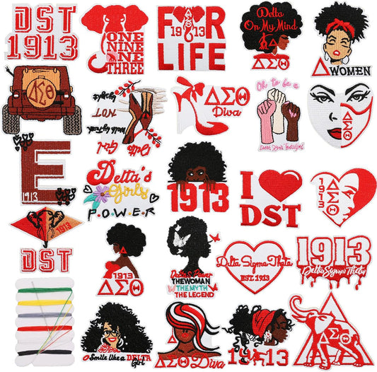 24 PCS Black Girl Patches Compatible with Delta Sigma Theta Sorority Embroidered Iron on Sew on Applique Patches for Shirts Backpacks Pants Clothes Coat Bags Jackets Vests Uniforms