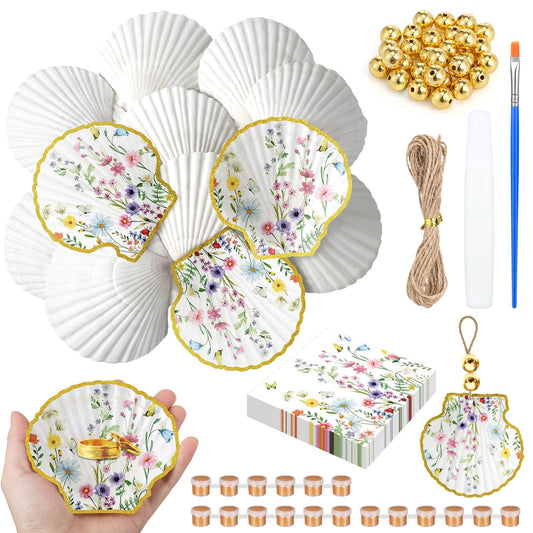 Gilprop 12 Pcs Large Scallop Shells for Shells Crafts 4''-5''with 24 Pcs Spring Wildflowers Decoupage Paper Napkin Acrylic Paint Strips Brushes Gold Bead for DIY Ornament Jewelry Tray
