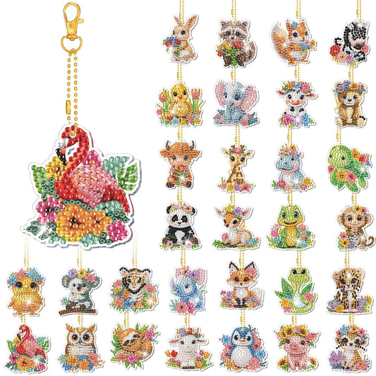 WILLBOND 30 Pcs Summer Animal Diamond Art Keychain Kits for Adults Double Sided Watercolor Animal Small Diamond Art Kits 5d Rhinestone Painting Hanging Ornaments for DIY Crafts Gifts Decor