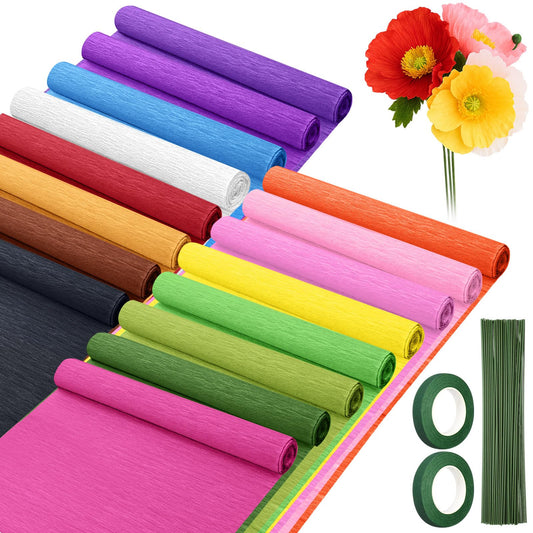 Humyoun 16 Rolls Crepe Paper Streamers 16 x 98 Inch Colorful Crepe Paper Sheets with Floral Stem Wires & Floral Tapes for Flower Making DIY Crafts Birthday Wedding Decoration (Vibrant Color)