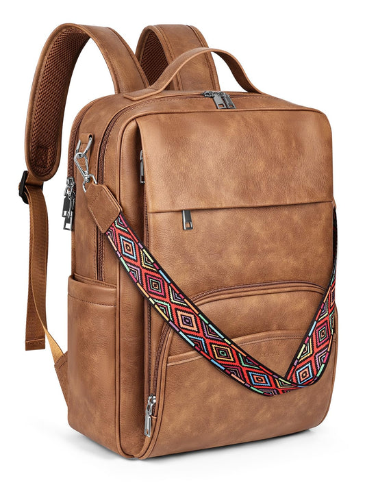 SYTRAH Leather Laptop Backpack for Women, 15.6 Inch Business Computer Bag, Designer College Backpack Travel Backpack with Colorful Shoulder Bag Strap Mocha Brown