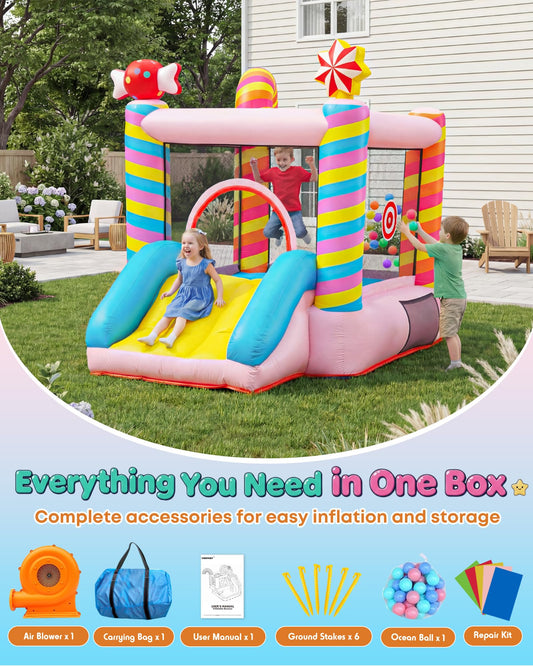Candy Bounce House for Kids Ages 3-6, Sweet Inflatable Bouncy Castle with Slide, Indoor Outdoor Small Jumping House with Blower, Mini Toddler Bounce Castle for Birthday Gifts and Holidays