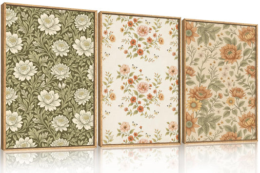 Celestdeco Vintage Pastoral Floral Framed Canvas Wall Art Set, Boho Colorful Flower Wall Decor, Peony Wildflower Wall Painting, Retro Botanical Art Prints for Living Room, Bedroom, Office-16 X24 X3