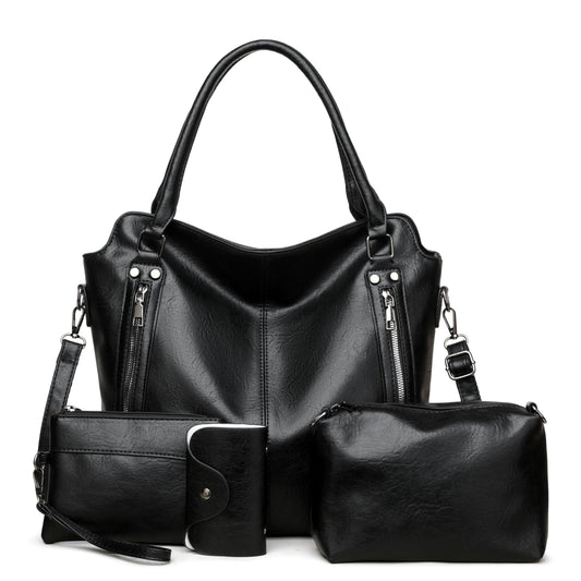 2E-youth Purses for Women Large Tote Women's Handbag Set Faux Leather Hobo Crossbody Bag 4pcs (1A-Black)