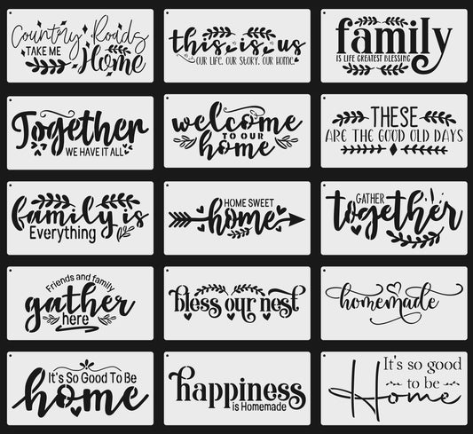 15PCS Reusable Farmhouse Word Stencils for Painting on Wood, Canvas, Fabric - Inspirational Art Craft Kit for Family, Furniture, Walls, and More - Create Welcome Signs, Shirts, and Cards