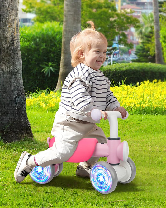 Toddler Toys Balance Bike for 1 Year Old Girl Gifts,4 Wheels Colorful Lighting with Music Baby First Bike,Toddler Girl Toys Balance Bike for 1st 2 Year Old Birthday Gifts