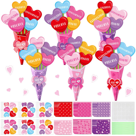 Funrous 48 Set Christian Mother's Day Crafts Kit Heart Sunday School Bible Flower Bouquet Making Kit DIY God is Love Flowers Paper Crafts for Religious Mother's Day Party Activity Gift Project