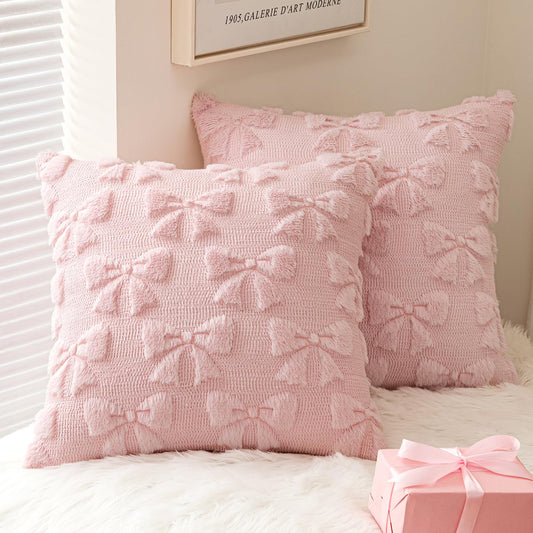 MIULEE Light Pink Bow Pillow Covers Coquette Room Decor Aesthetic Set of 2 Spring Decorative Cute Girl Soft Plush Faux Pillowcase for Preppy Room Decor Bedroom Couch,20x20 Inch