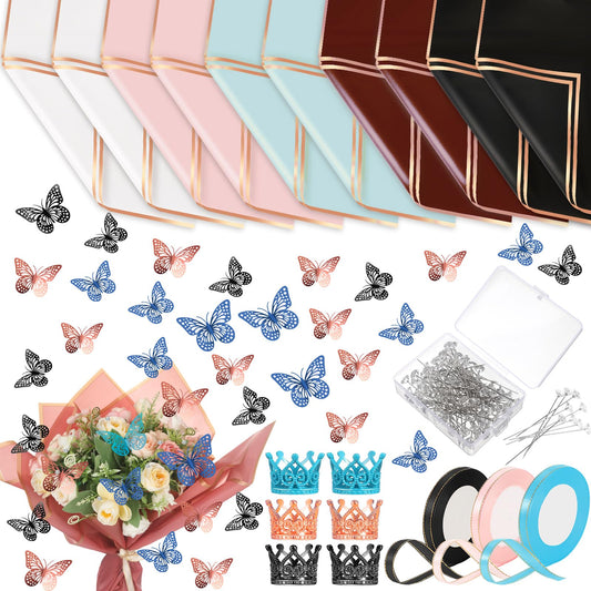 Qilery 243 Pcs Flower Bouquet Wrapping Paper Waterproof Floral Wrapping Paper Florist Supplies with Butterfly Decoration Crowns Ribbons Bouquet Pin Glue for DIY Craft (Elegant Color)