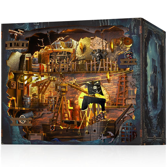 Pirate Book Nook Kit - DIY 3D Wooden Puzzle Miniature House with LED Lights - 400 Pieces - Creative Crafts for Adults - Bookshelf Insert Decor - Educational Gift for Family & Friends