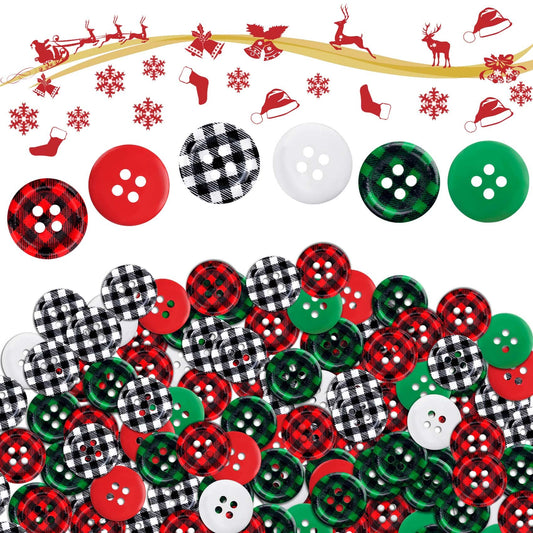 PAGOW 210Pcs Christmas Wooden Buttons, Buffalo Plaid Round Black Red White Green Buttons, 4 Holes Plaid Craft Buttons Bulk for Sewing DIY Decorations