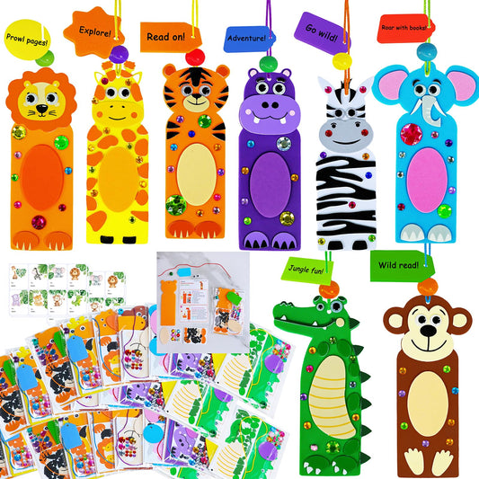 Winlyn 32 Sets Jungle Animal Crafts Kits DIY Jungle Safari Zoo Wild Animal Bookmarks Decorations Art Set Tiger Lion Zebra Foam Stickers for Kids Party Favors Classroom Activities Reading Rewards
