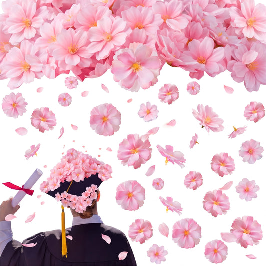 Maasechs 48 Pcs Pink Fake Flower Heads Bulk for Graduation Cap Faux Artificial Heads Silk Flower Head for Wedding Cake Topper Baby Shower Home Crafts Decoration