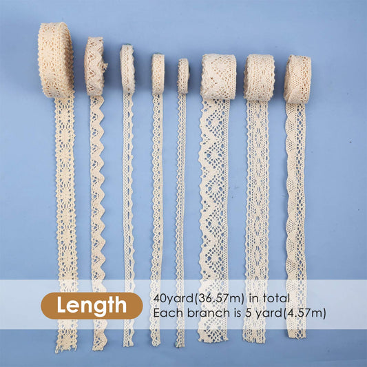 Tatuo 40 Yards Cotton Lace Trim Vintage Ribbon Crochet Cotton Lace Scalloped Edge for Bridal Wedding Decoration Christmas Package DIY Sewing Craft Supply, 5 Yards Each, 8 Styles(Beige)