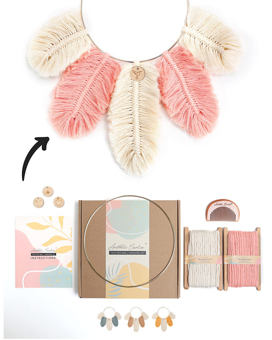 DIY Macrame Kit, Feather Dream Catcher Wall Hanging Kits for Teens & Adult Beginners, Craft Supplies for Boho Art Project-Macrame Cord, Gold Hoop, Accessories & Instructions (Salmon)