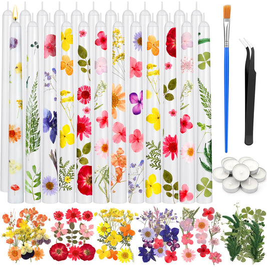 MTLEE 30 Pack Pressed Flower Candles Making Kit 6 Set Dried Pressed Flowers 12 White Taper 10 White Tealight Candles with Tweezers Brush for DIY Crafts Birthday Wedding Party Favors