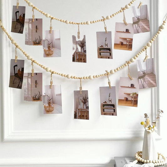 2PCS Hanging Photo Display Wall Decor,Boho Wooden Bead Garland Picture Hanging String with Clips for Dorm, Bedroom, Living Room, Office Cubicle Decor, Art Display Hangers for Artwork
