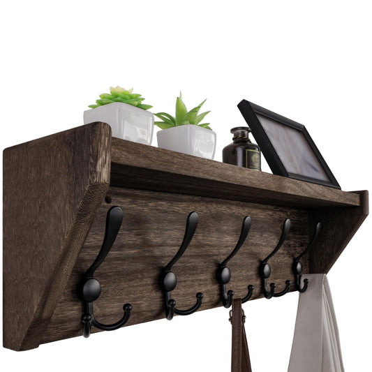 WEBI Coat Rack Wall Mount with Shelf,24" Long Wall Shelf with Hooks Underneath,5 Triple Hooks for Entryway,Hallway,Bedroom,Weathered Brown
