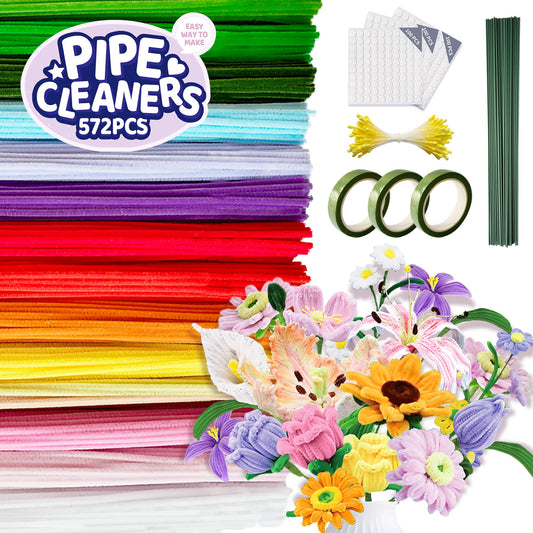 POMBUDS 572 PCS Pipe Cleaners Flower Kit, 13 Colors Chenille Stems with Floral Wires, Stamen, Tapes, Dot Glue, Instruction & White Box – DIY Craft Set for Handmade Bouquets
