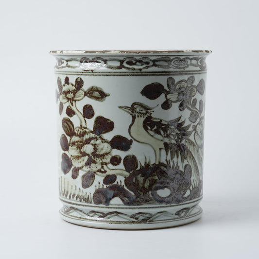 Antique Hand-Painted Flower and Bird Porcelain Pen Holder Old Style Ceramic Planter 9.7 Inch Large Plants Vase Blue & White Porcelain Silla Flower Plant Pots (Brown)