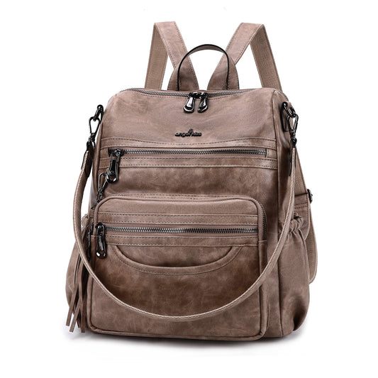 Angel Kiss Backpack Purse Women PU Leather ladies fashion shoulder bag Casual Tassel Zipper Backpacks(Taupe)