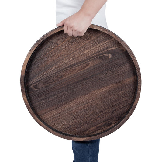 Round Ottoman Tray for Coffee Table Living Room Wood Serving Tray Large Wooden 20 Inches Rustic Brown