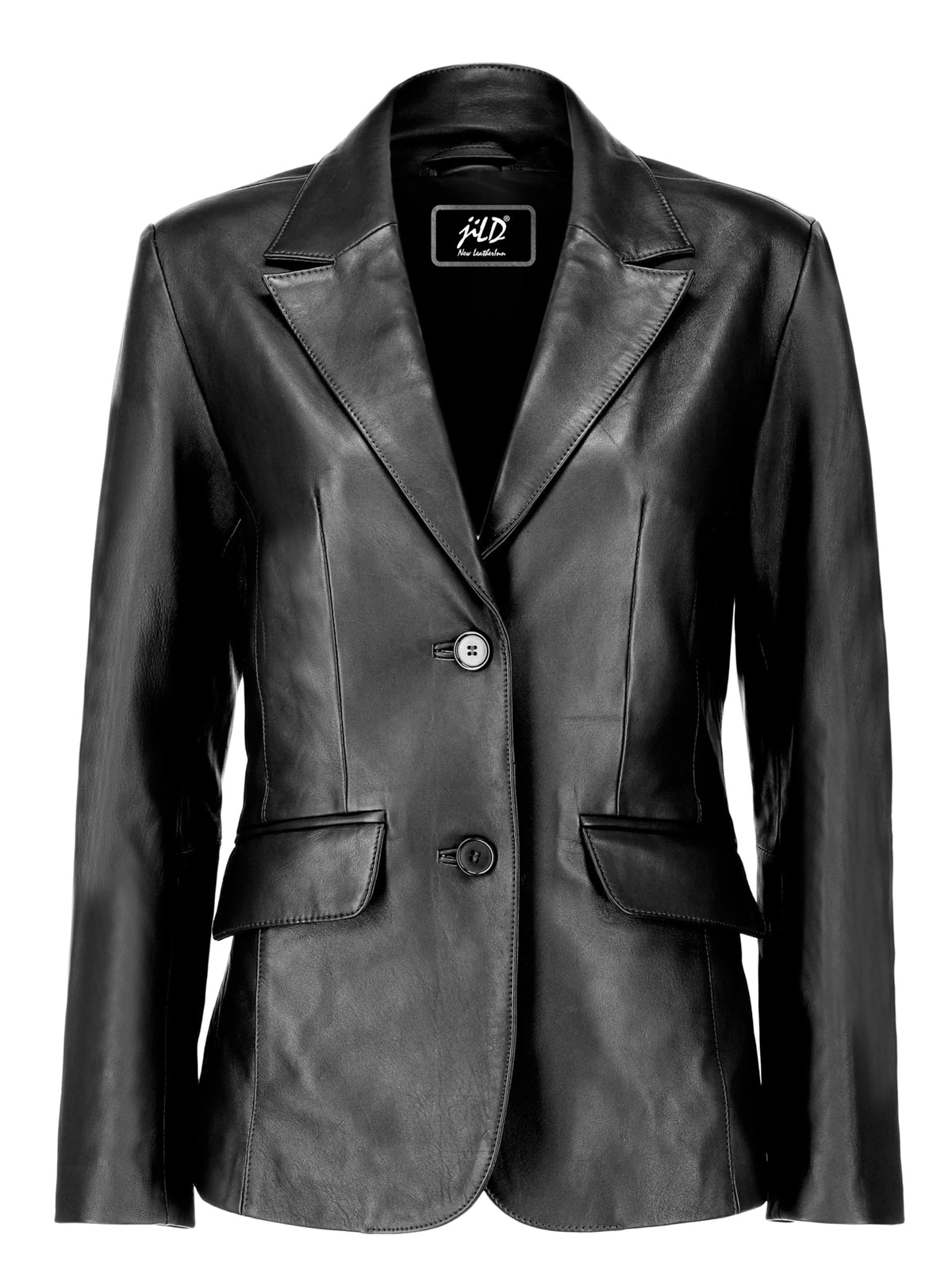 Jild Classic 2-Button Lambskin Leather Blazer Women - Casual Coat Long Sleeves Suit Style Leather Jacket Women (LC-BLK-L)