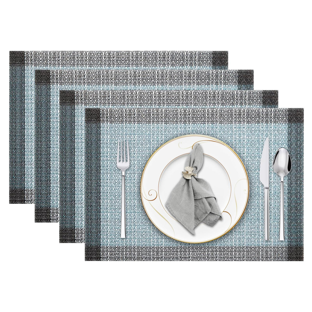 Niviy Blue Grey Ethnic Boho Placemats Set of 4, 12x18 Inch Linen Burlap Washable Durable Art Table Mats for Holiday Party Kitchen Dining Room Decoration