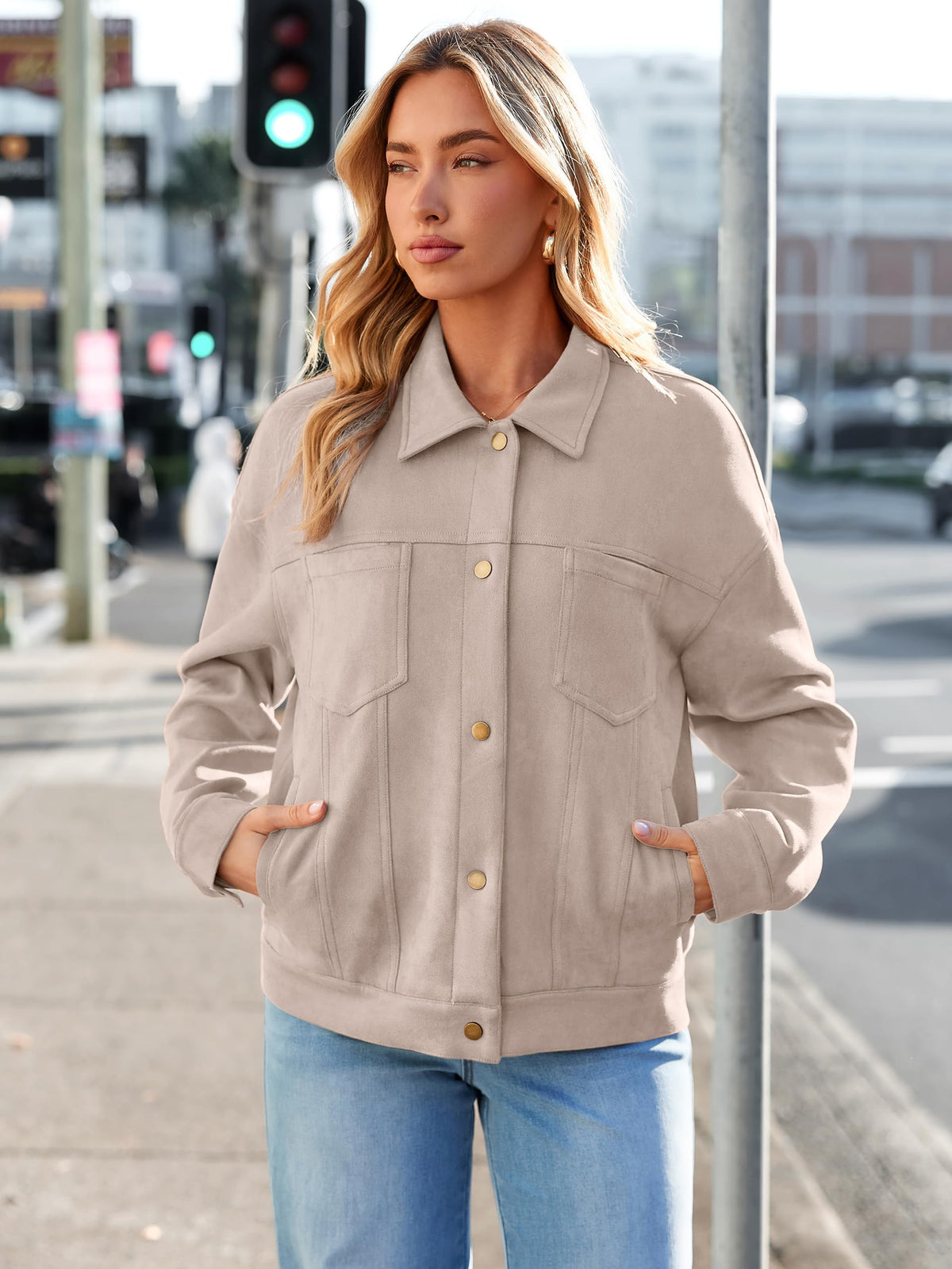 Womens Faux Suede Jacket Button Down Lightweight Fall Coats Beige L