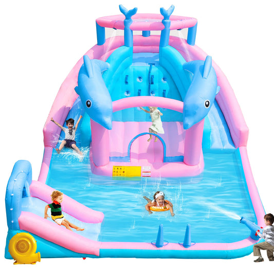 BounBounTime Inflatable Water Slide, Dolphin Bounce House for Kids 3-12, Water Park with Blower, Splash Pool, Climbing Wall, Water Cannon, Bouncy Castle for Backyard Summer Fun, 195 x 162 x 104 inches