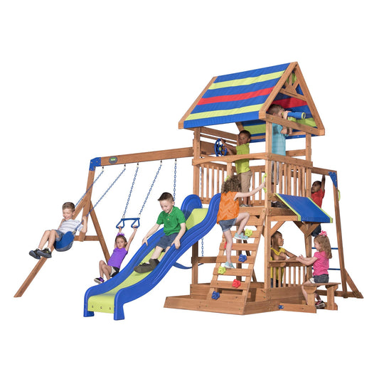 Backyard Discovery Beach Front Cedar Wood Swing Set with Wave Slide, Play Deck, Monkey Bars, Rock Wall Ladder, Shaded Picnic Area, Snack Bar, Belt Swings, Trapeze, Sandbox Area, Outdoor Playset