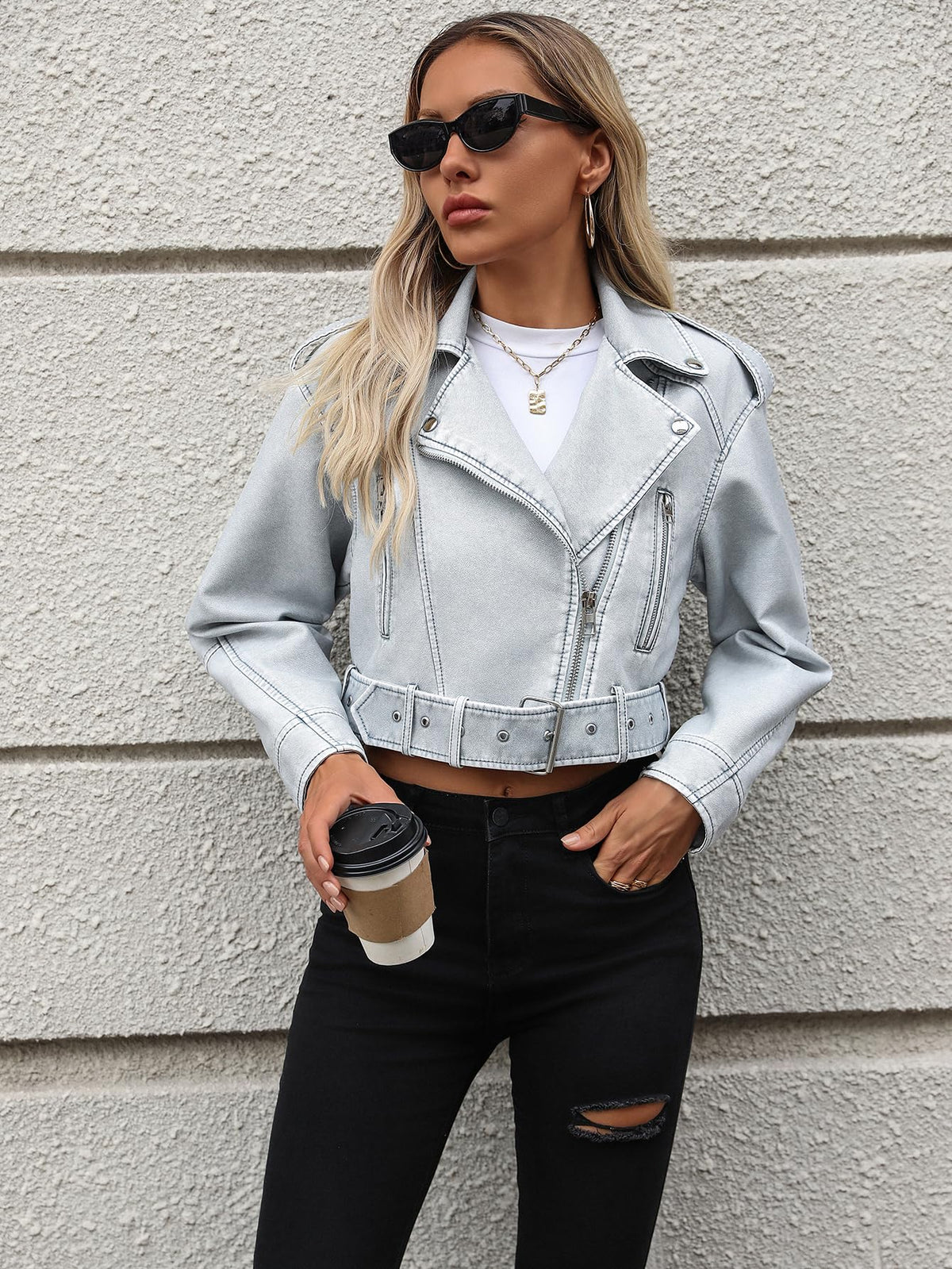 LY VAREY LIN Women Faux Leather Cropped Jacket Casual Bomber Biker Short Coat with Belt(Blue,S)