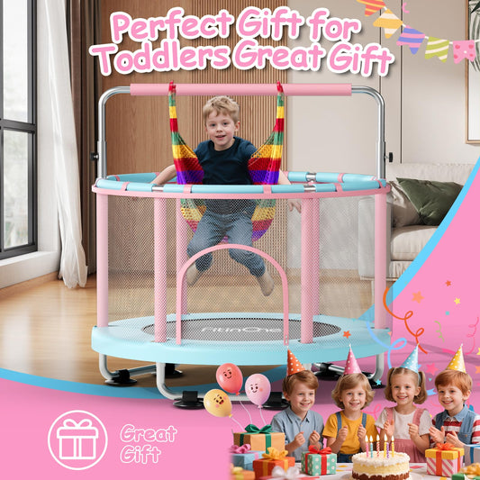 FitinOne 55" Toddler Mini Trampoline for Kids, Indoor Outdoor Toys with Swing, 440lbs Baby Kids Trampoline, Gymnastics Bar, Birthday Gifts for Boy Girl Age 1-8