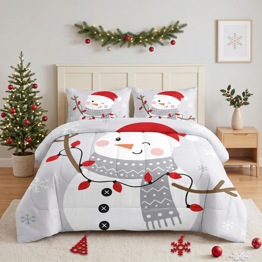 WeCozy Full Size Comforter Set with 2 Pillowcases, Christmas Gray Cute Santa Snowman Soft 3 Pcs Bedding for Kids and Adults Bedroom Bed Decor